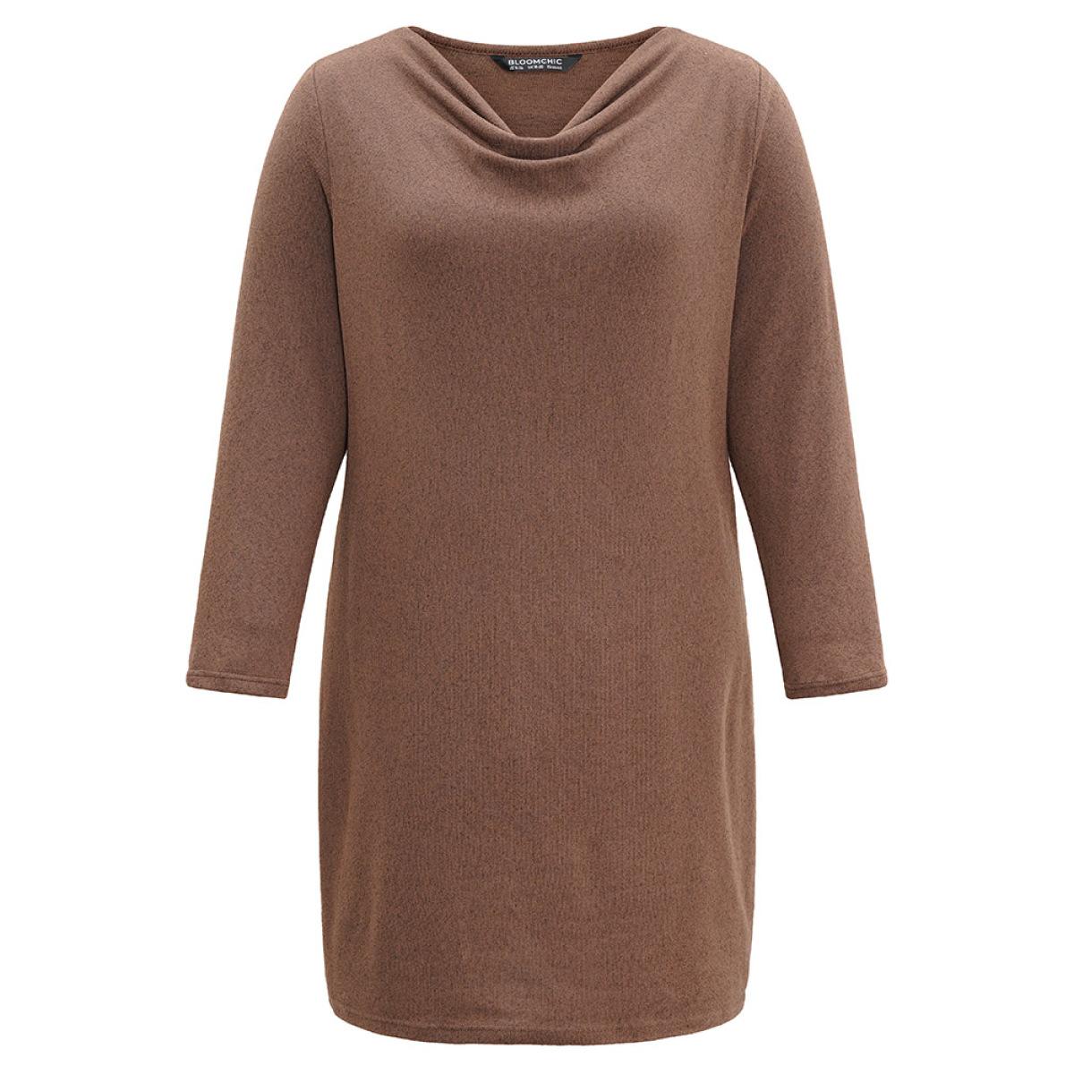 Plus Size Solid Heather Cowl Neck Knit Dress DarkBrown Women Casual Plain Cowl Neck Long Sleeve Curvy Midi Dress BloomChic 18-20/2X Product Image