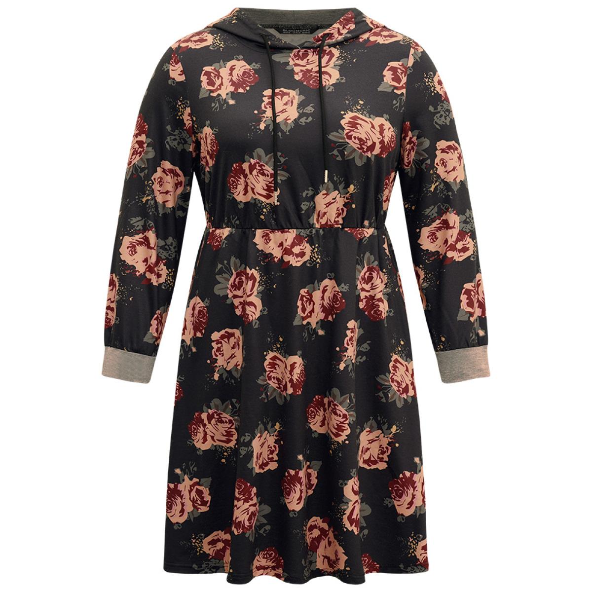 Plus Size Floral Elastic Waist Hooded Drawstring Pocket Dress Black Women Casual Printed Hooded Long Sleeve Curvy Midi Dress BloomChic 30/6X Product Image
