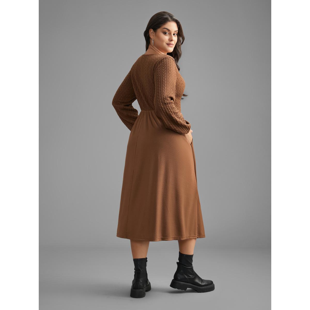 Plus Size V Neck Textured Patchwork Knit Dress Browncoffeecolor Women Casual Texture Knit Dresses Bloomchic 14-16/1X Product Image