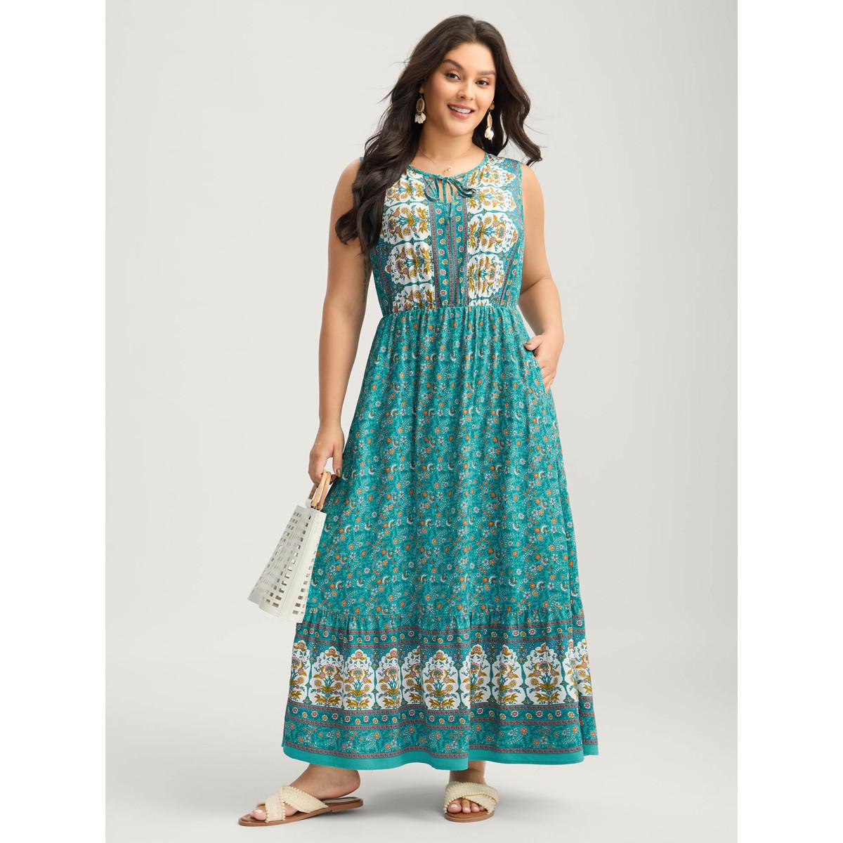 Plus Size Rayon Neck Cut-Out Ties Midi Dress Teal Women Tie knot Flat collar with V-notch Sleeveless Curvy BloomChic 12/L Product Image