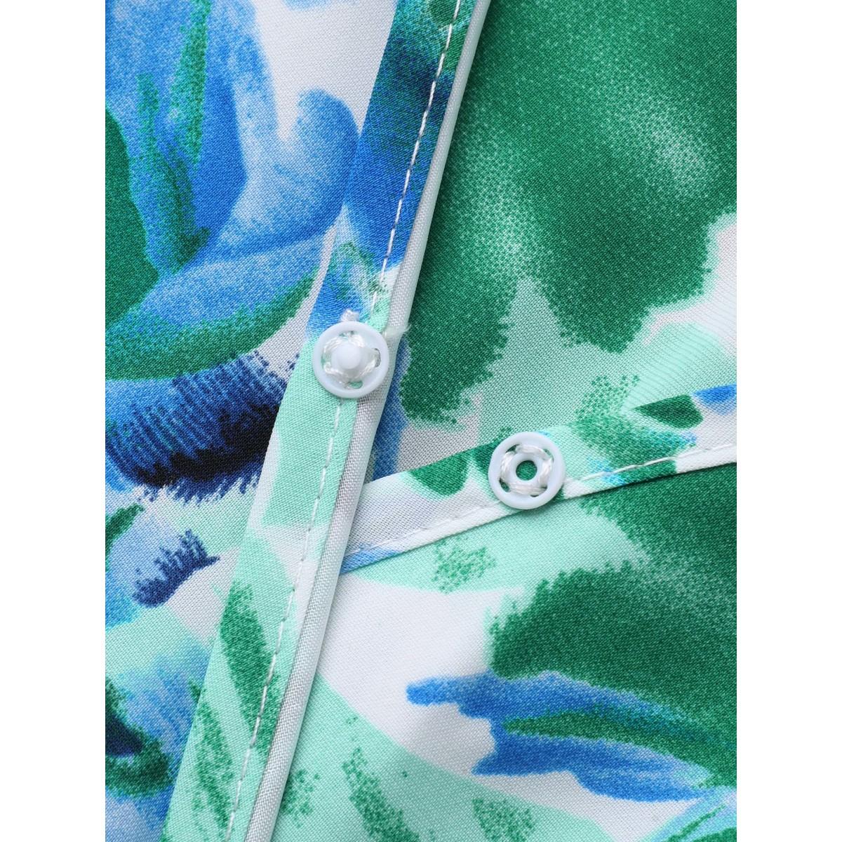 Plus Size Brush Stroke Floral Surplice Neck Midi Dress Mediumblue Women Elegant Gathered Overlap Collar Short sleeve Curvy BloomChic 18-20/2X Product Image