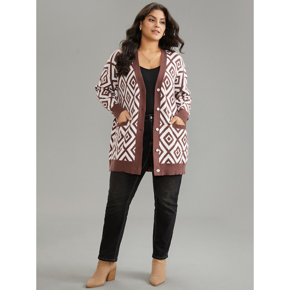 Plus Size Supersoft Essentials Geometric Button Through Cardigan Maroon Women Casual Loose Long Sleeve Dailywear Cardigans BloomChic 18-20/2X Product Image