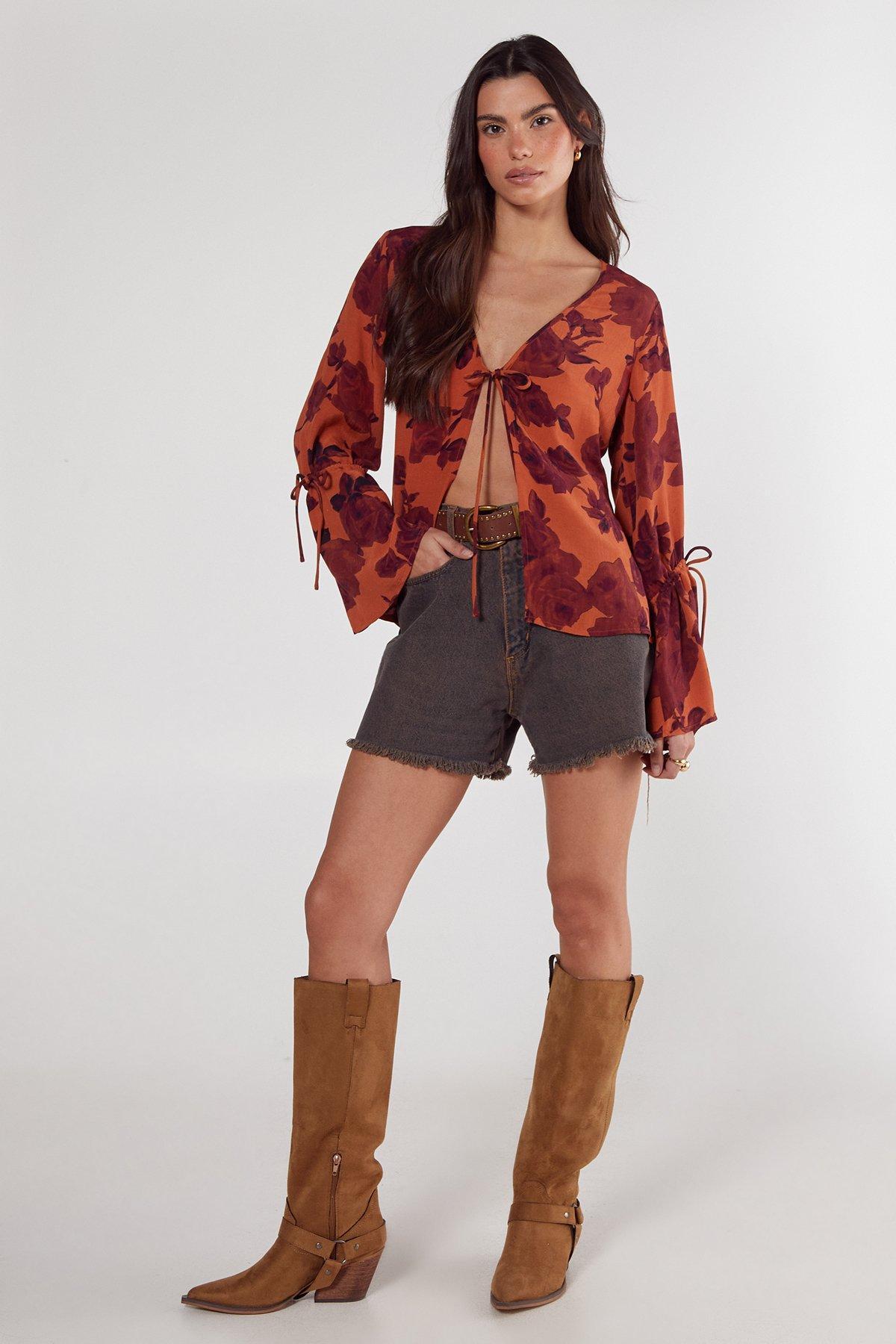 Vintage Floral Tie Detail Fluted Sleeve Top Product Image