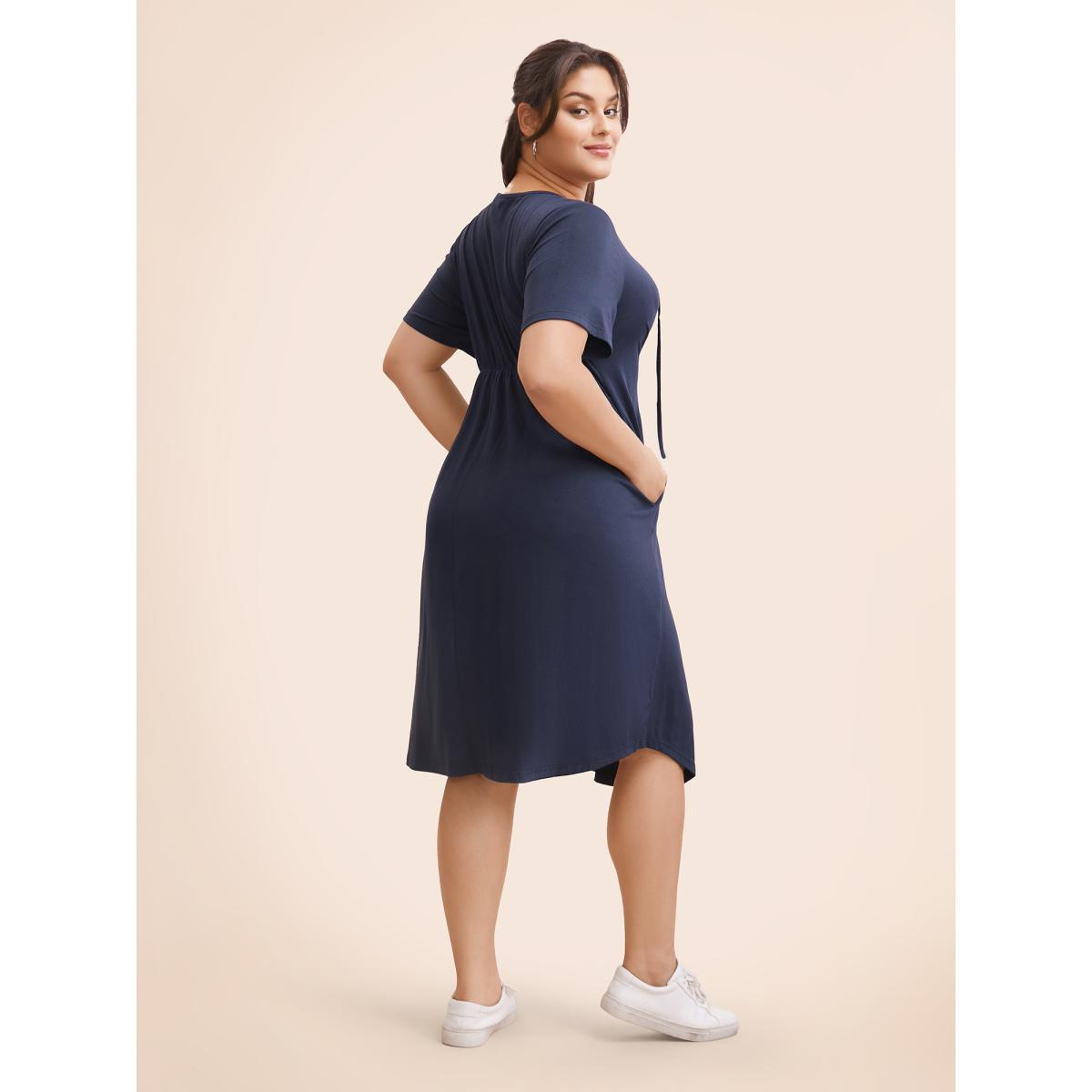 Plus Size Solid Lace Up Pocket Midi Dress Indigo Women Casual Wraparound straps V-neck Short sleeve Curvy BloomChic 12/L Product Image