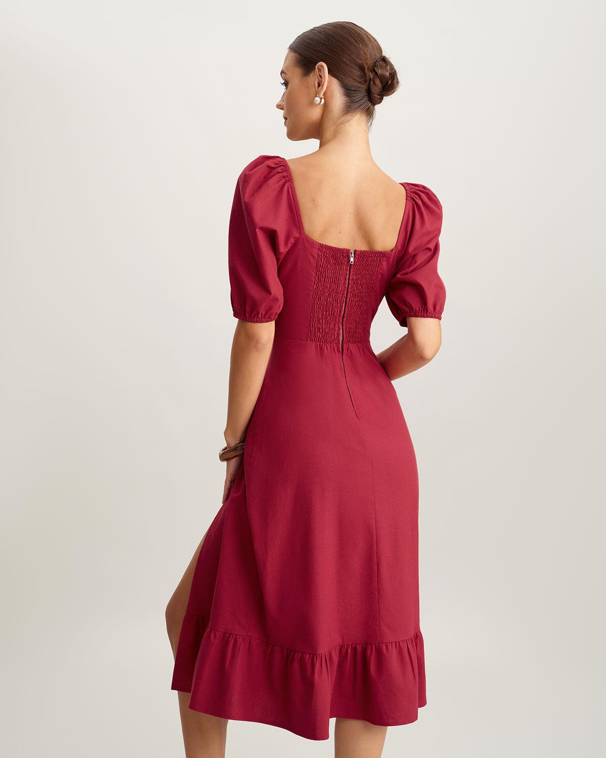 Red Square Neck Shirred Midi Dress Product Image
