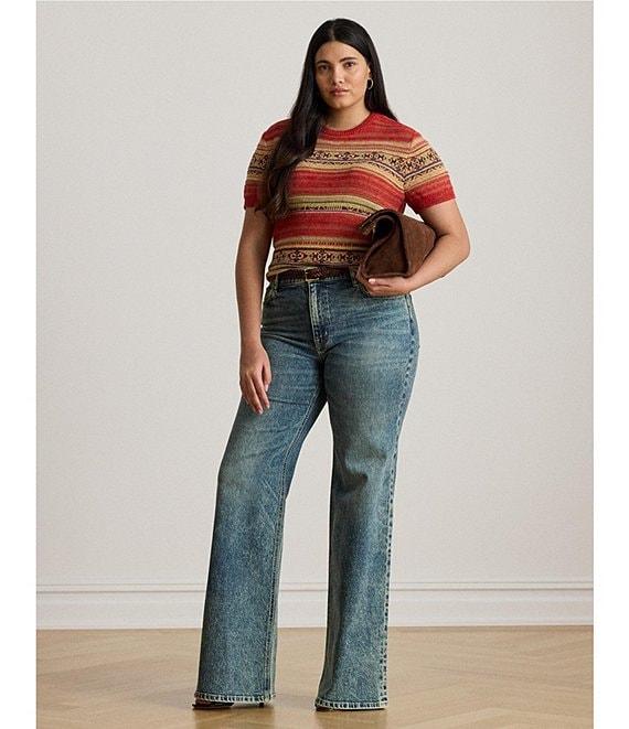 Lauren Ralph Lauren Plus Size Geometric Stripe Ribbed Crew Neck Short Sleeve Pullover Sweater Product Image