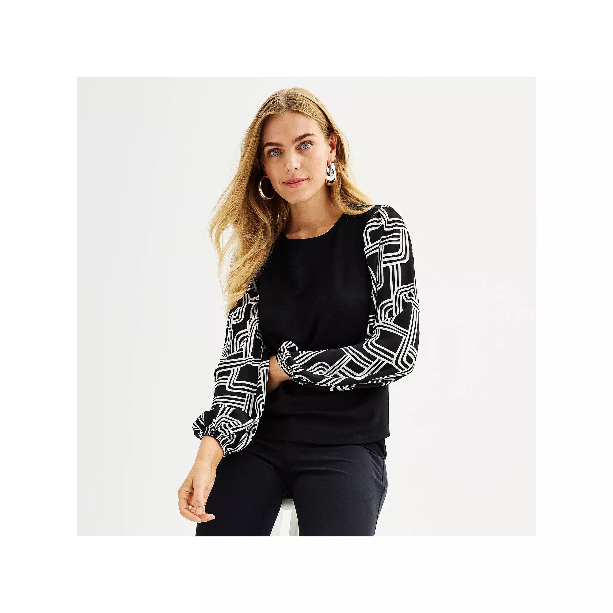 Women's Nine West Puff-Sleeve Mixed Media Top, Size: Medium, Black Product Image