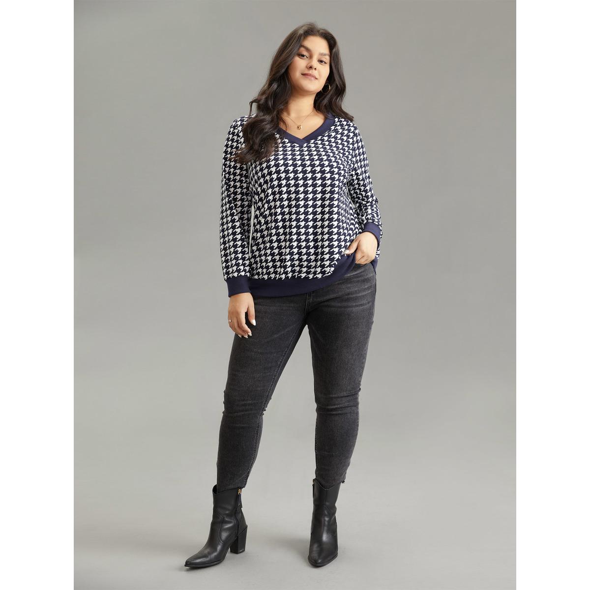Plus Size Houndstooth Contrast V Neck Sweatshirt Midnight Women Casual Contrast Houndstooth V-neck Dailywear T-shirts BloomChic 14-16/1X Product Image