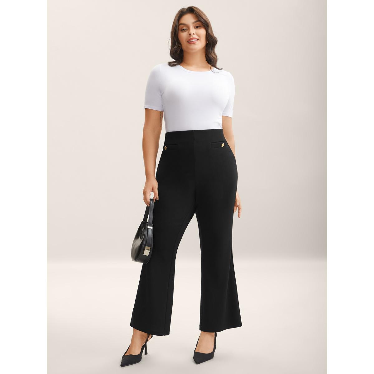 Plus Size Button Detail Anti-Seam Flared Pants Women Black At the Office Bootcut Mid Rise Work Pants BloomChic 12/L Product Image