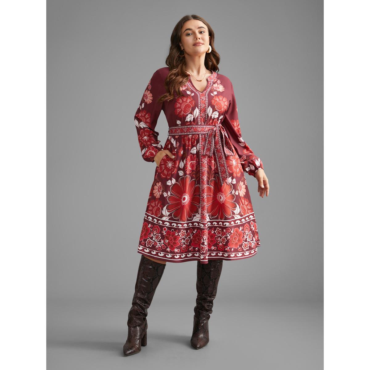 Plus Size Boho Print Belted Lantern Sleeve Dress Burgundy Women Cocktail Belted Notched collar Long Sleeve Curvy BloomChic 28/5X Product Image