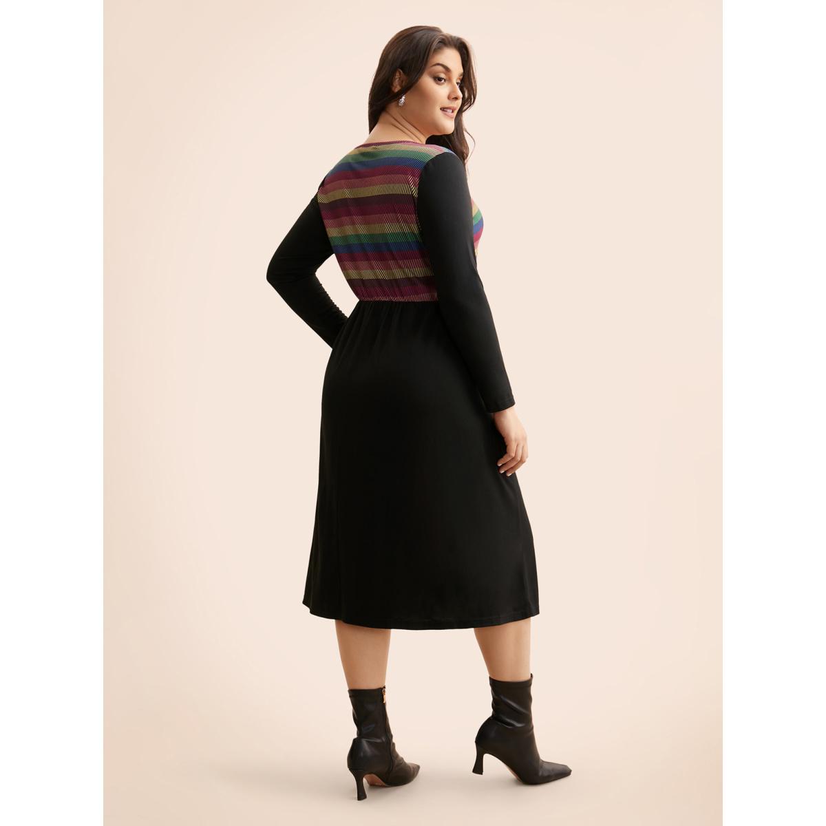 Plus Size Contrast Striped Button Detail Midi Dress Black Women Elegant Contrast V-neck Long Sleeve Curvy BloomChic 26/4X Product Image