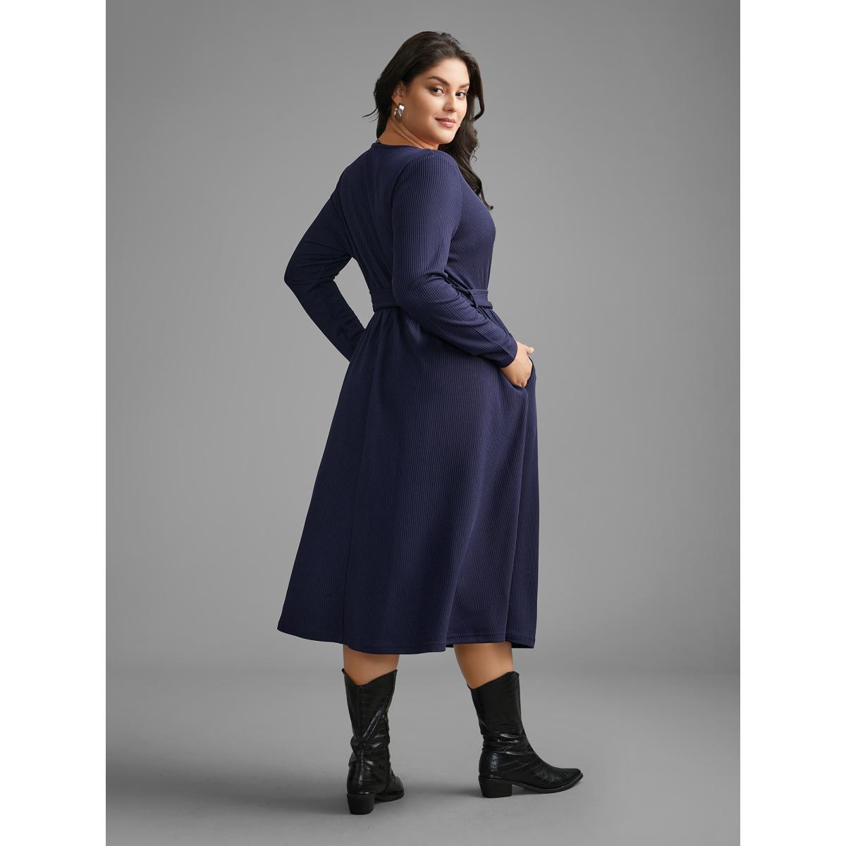 Plus Size Solid Overlap Collar Belted Knit Dress DarkBlue Women Casual Texture Knit Dresses Bloomchic 26/4X Product Image