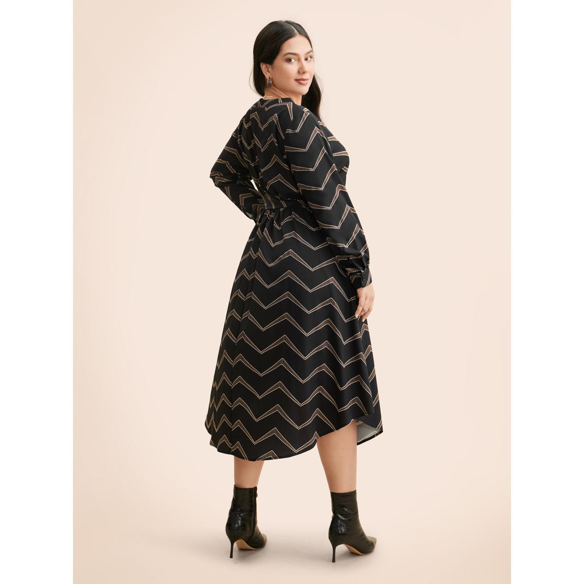 Plus Size Geometric Notched Belted Midi Dress Black Women At the Office Belted Flat collar with V-notch Long Sleeve Curvy BloomChic 28/5X Product Image