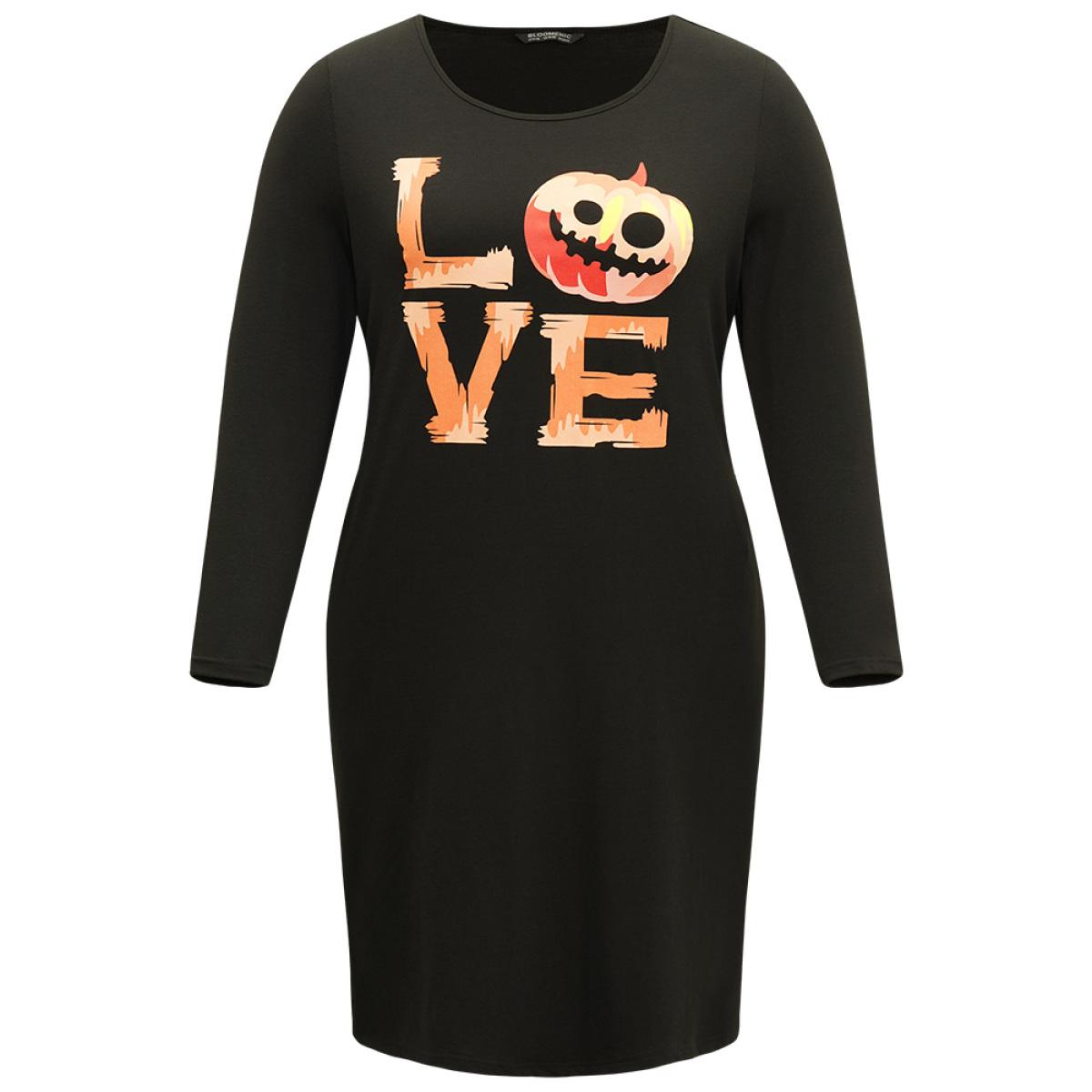 Plus Size Halloween Pumpkin & Letter Print Pocket Lace Panel Dress Black Women Casual Printed Curvy Midi Dress BloomChic 18-20/2X Product Image