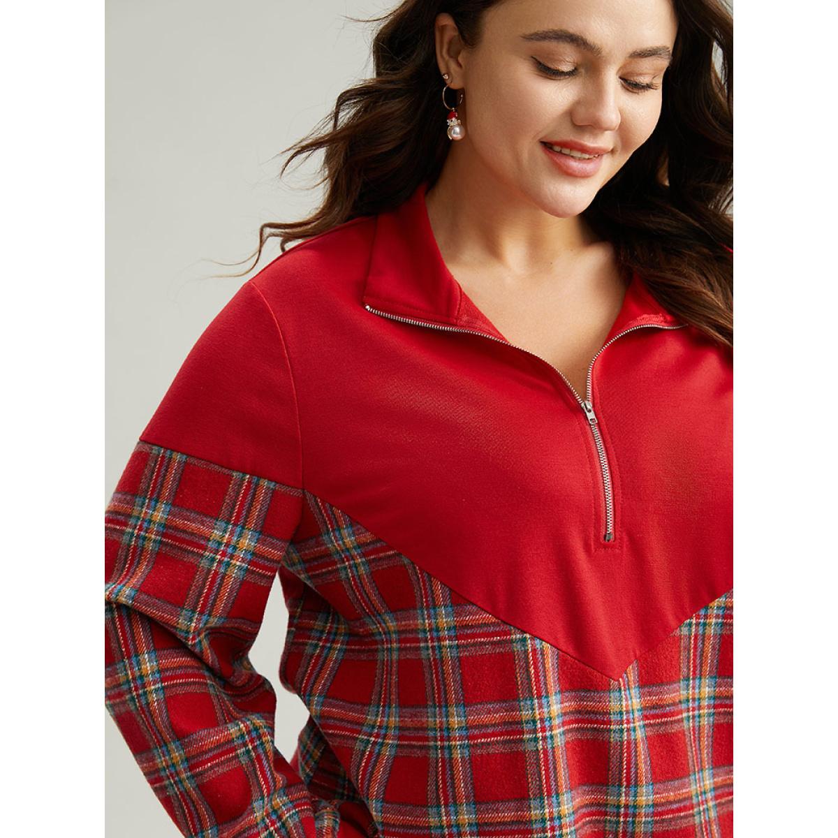 Plus Size Plaid Patchwork Zipper Lapel Collar Sweatshirt Women Red Casual Elastic cuffs Lapel Collar Festival-Christmas Sweatshirts BloomChic 14-16/1X Product Image