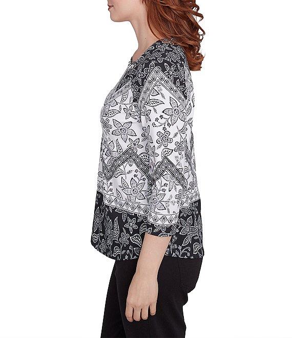 Ruby Rd. Cotton Mixed Print Square Neck 3/4 Sleeve Top Product Image