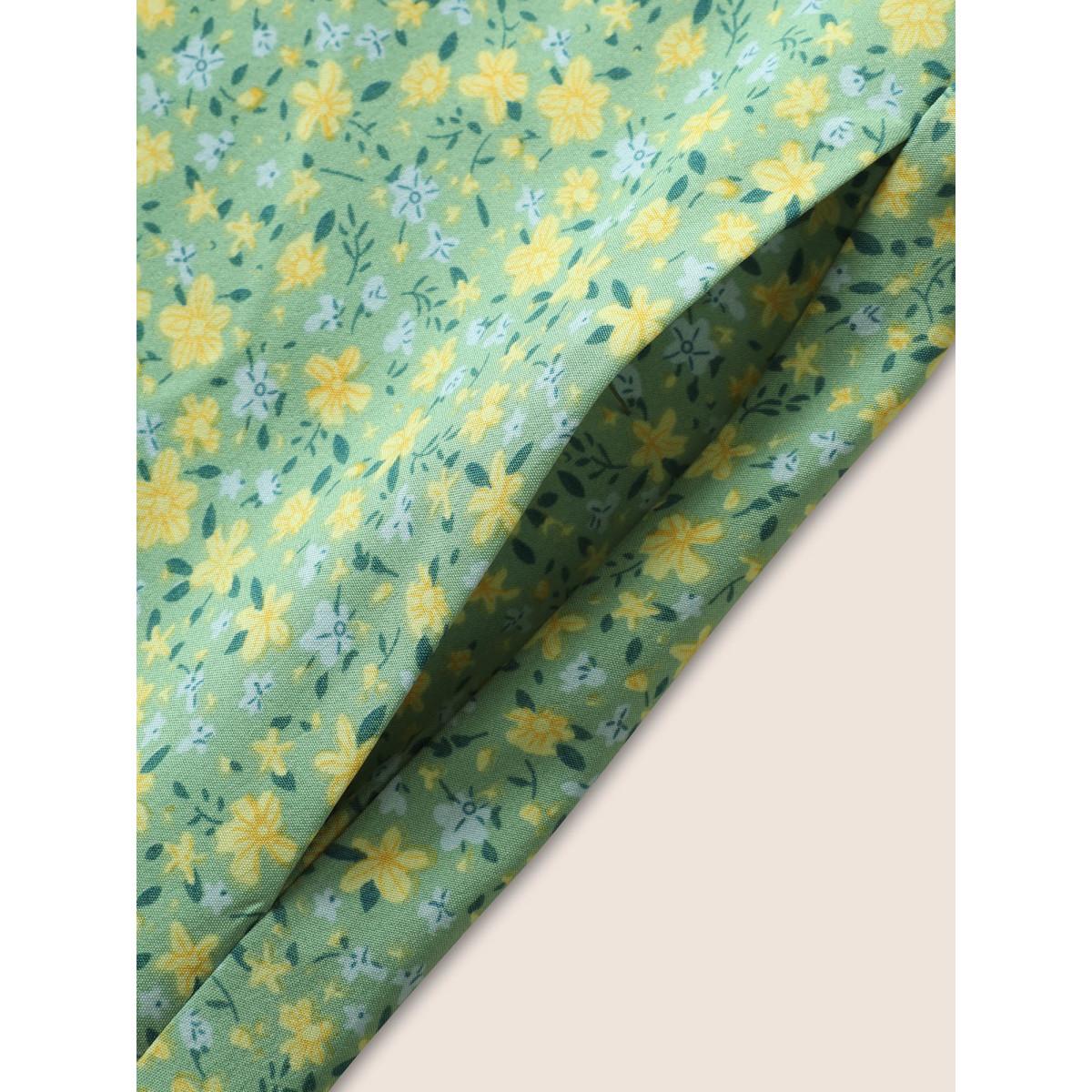 Plus Size Ditsy Floral Ruffles Button Up Drawstring Dress Mint Women Elegant Patchwork Round Neck Cap Sleeve Curvy BloomChic 30/6X Product Image