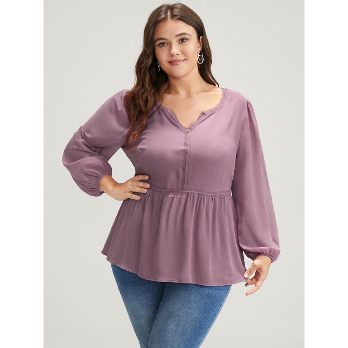 Plus Size DustyPink Solid Crochet Lace Lantern Sleeve Flutter Blouse Women Elegant Long Sleeve Notched collar Dailywear Blouses BloomChic 26/4X Product Image