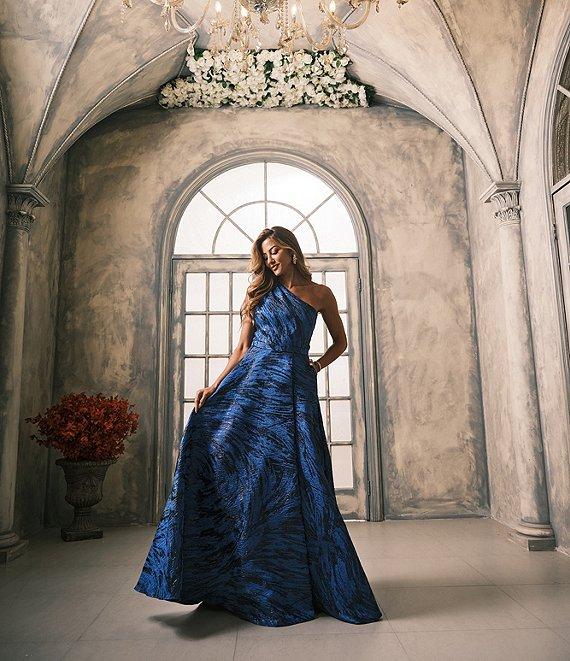 Xscape Brocade One Shoulder Sleeveless Side Pockets Front Slit Ball Gown Product Image