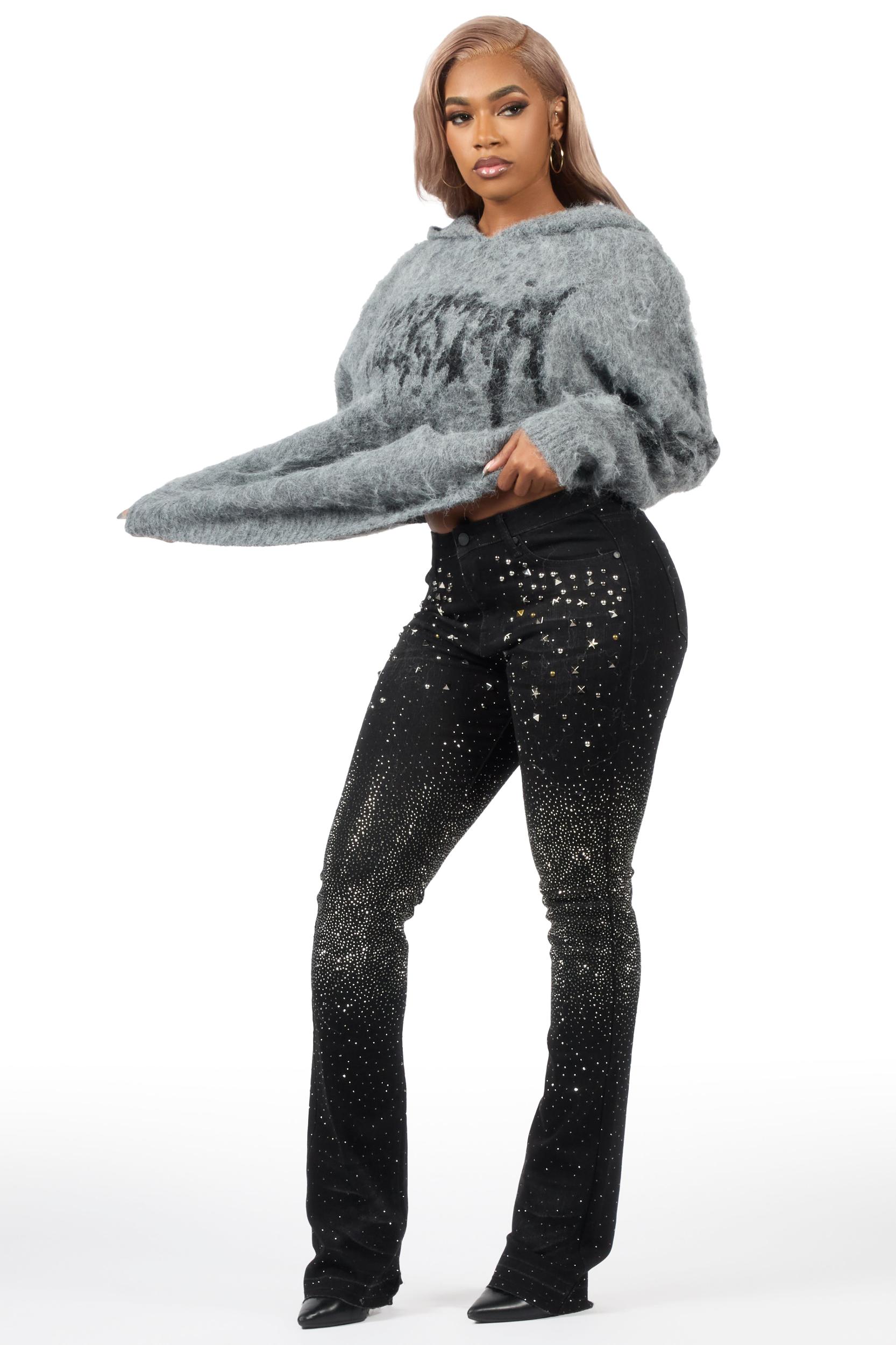 Keshay Grey Graphic Knit Hoodie Female Product Image