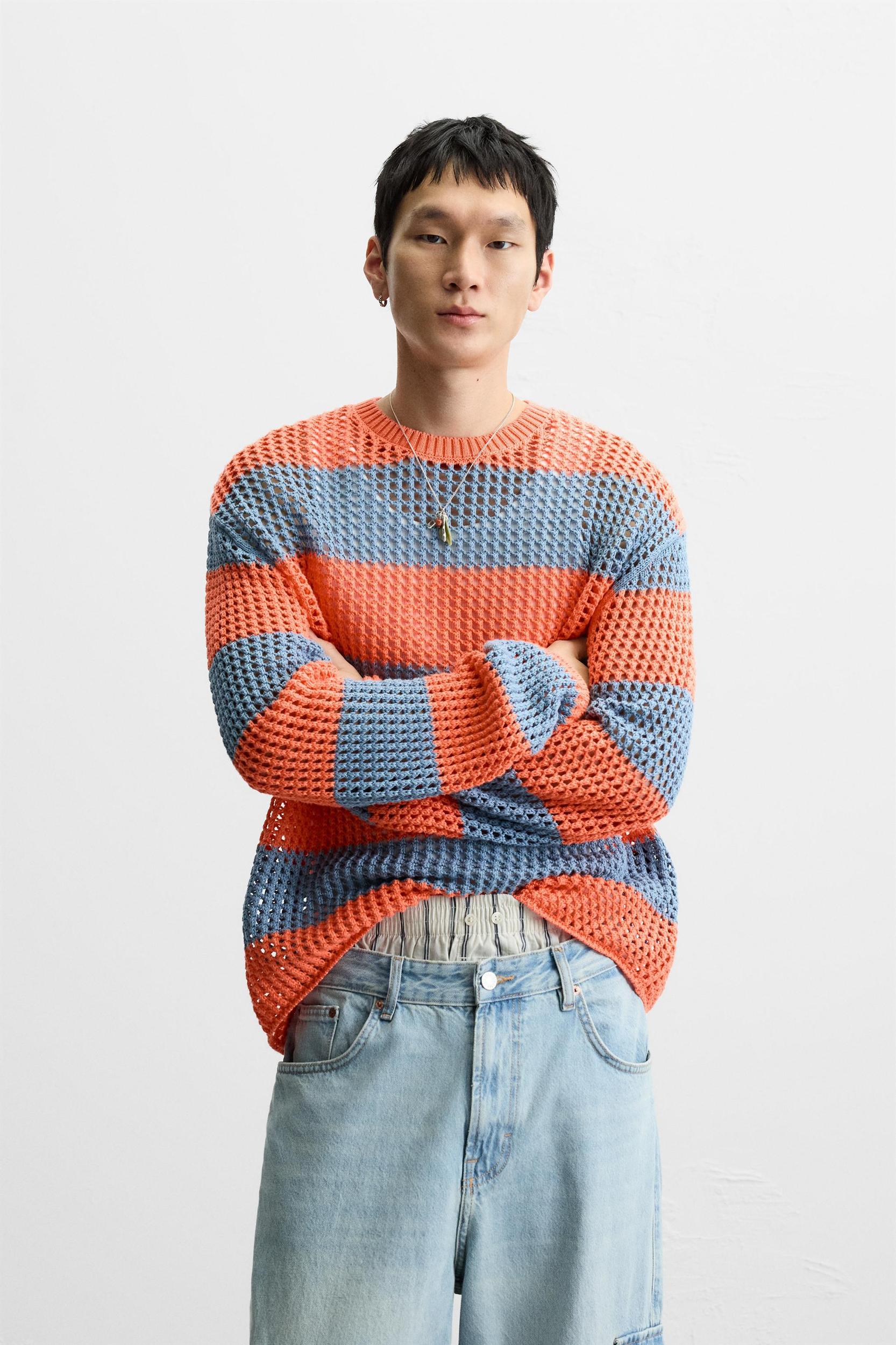 STRIPED OPEN WEAVE SWEATER Product Image