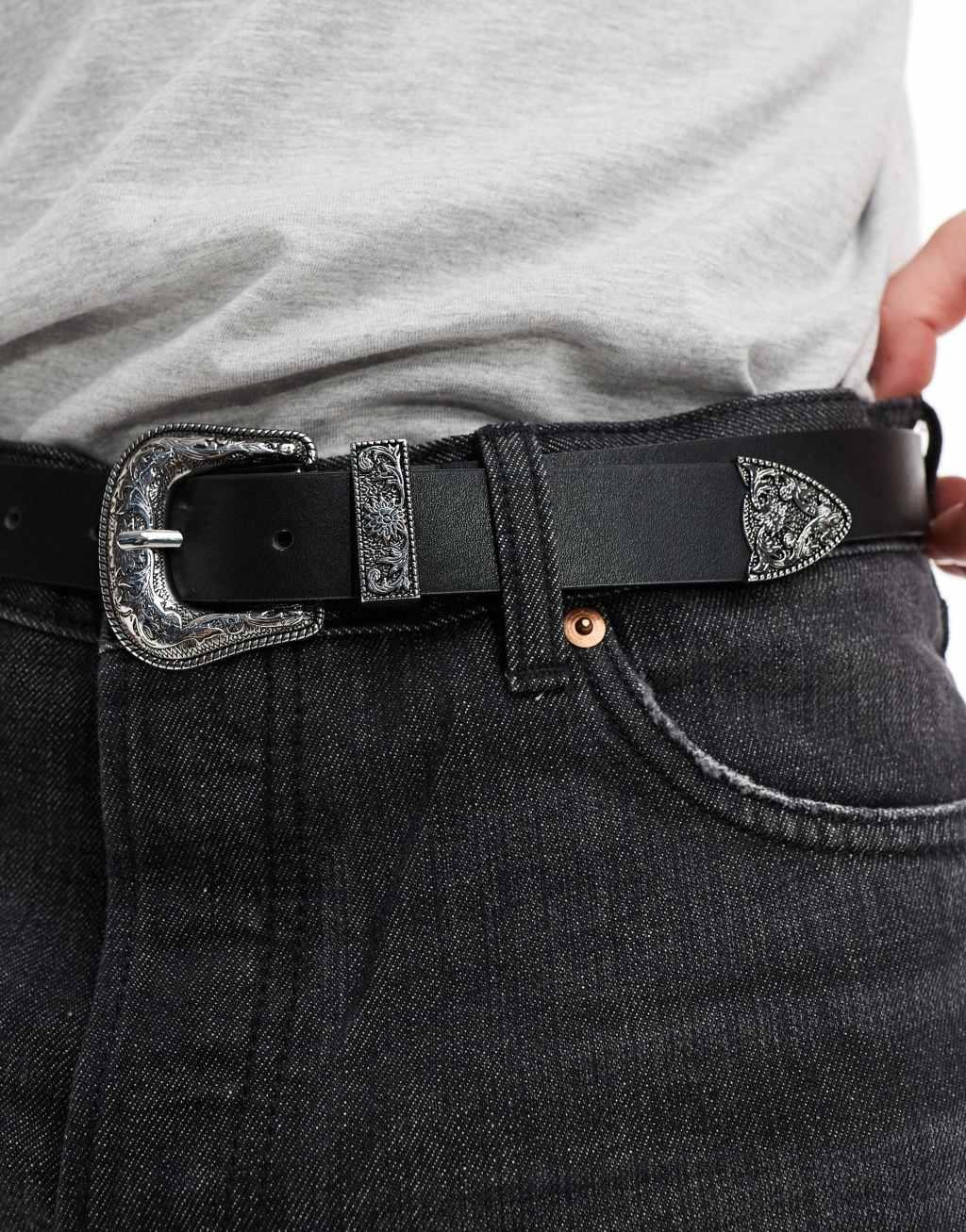 ASOS DESIGN belt in faux leather with silver western buckle in black Product Image