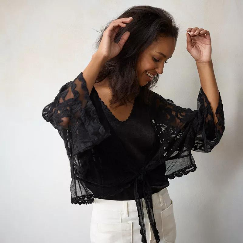 Women's LC Lauren Conrad Lace Tie Front Top, Black Product Image