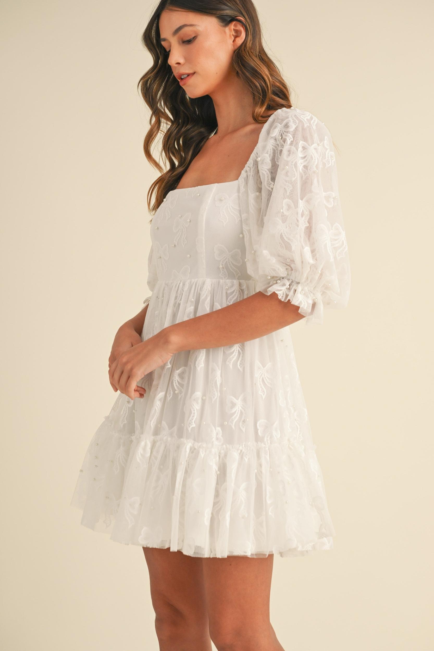 Jacquard Bow & Pearl Detail Mesh Dress Product Image