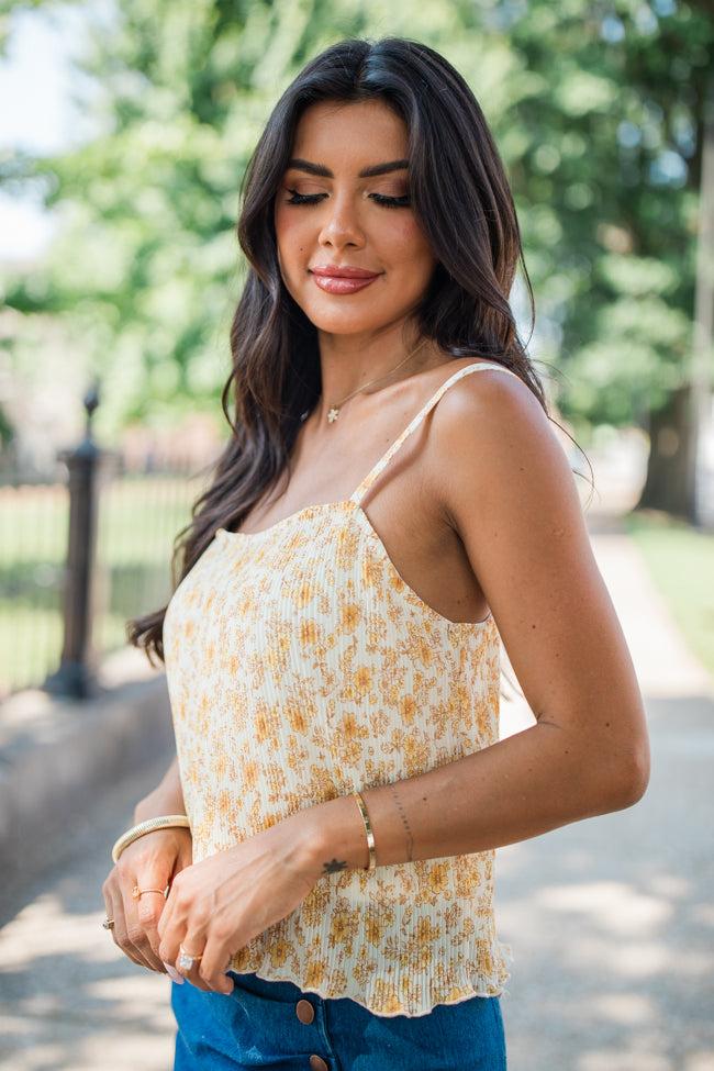 Go With Me Ivory And Mustard Plisse Floral Tank FINAL SALE Product Image