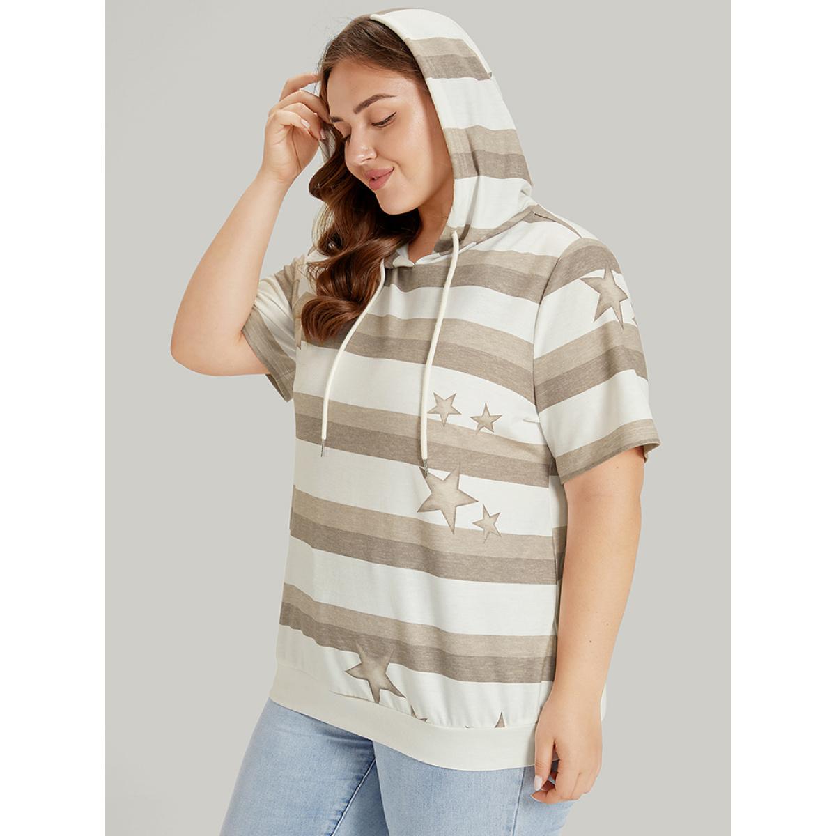 Plus Size Striped & Star Print Hooded Ties Sweatshirt Women Multicolor Casual Printed Hooded Dailywear Sweatshirts BloomChic 18-20/2X Product Image