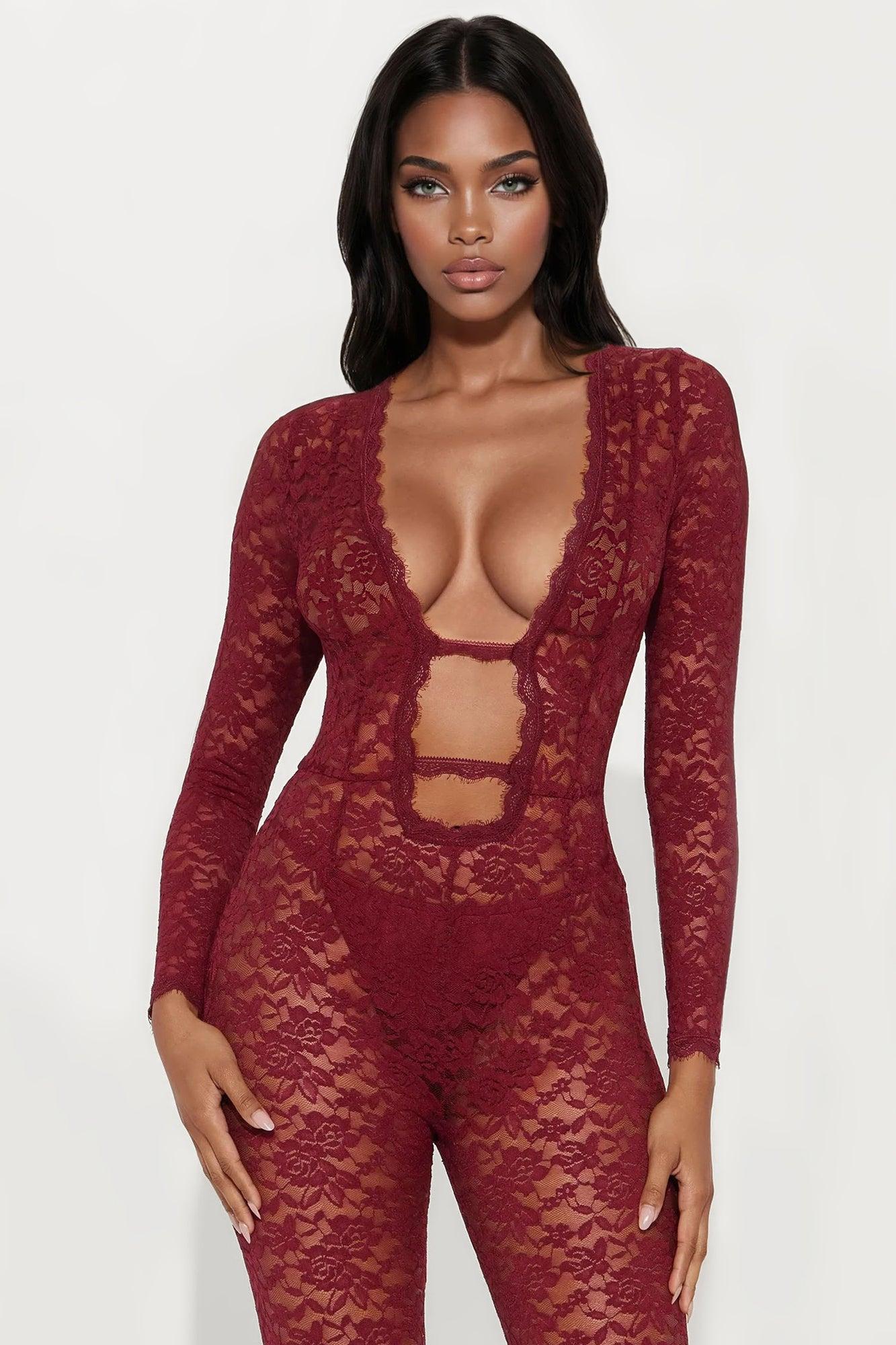 Victoria Lace Jumpsuit - Burgundy Female Product Image