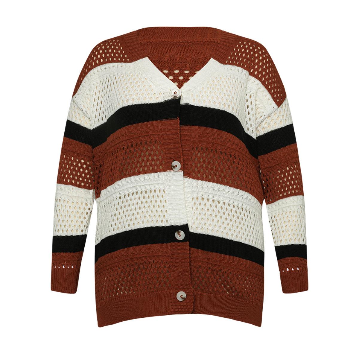 Plus Size Colorblock Contrast Geo Eyelet Button Through Cardigan Rust Women Casual Loose Long Sleeve Dailywear Cardigans BloomChic 14-16/1X Product Image