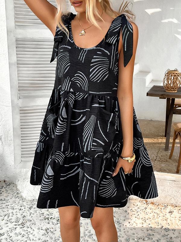 A-Line Loose Contrast Color Pleated Pockets Printed Tied Spaghetti-Neck Mini Dresses Product Image