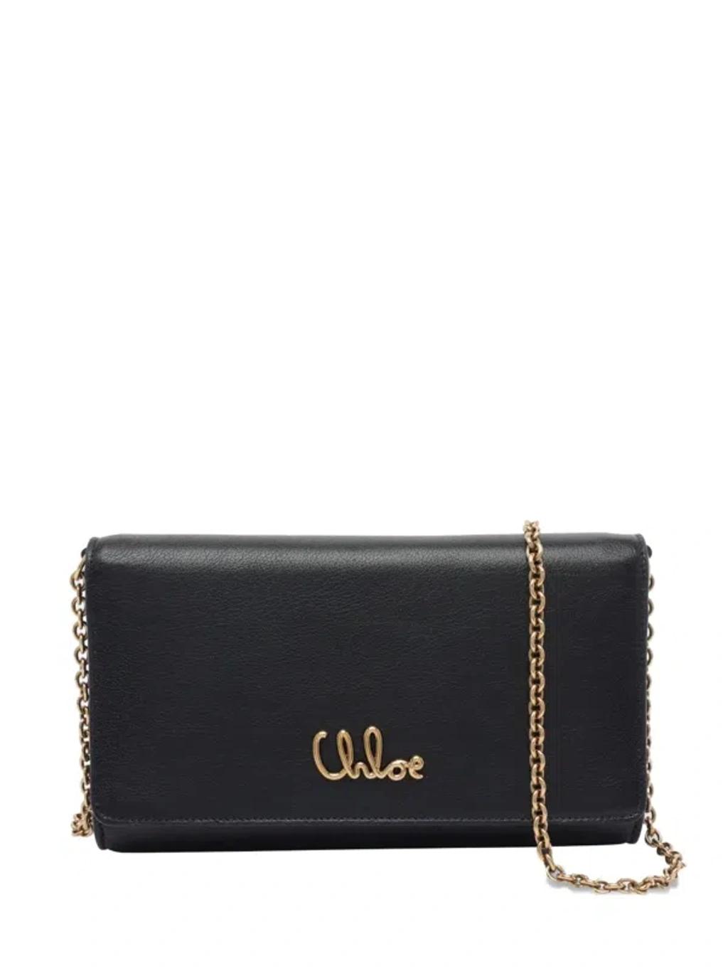 CHLOÉ Iconic Flap Wallet On Chain In Shiny Calfskin In Black Product Image