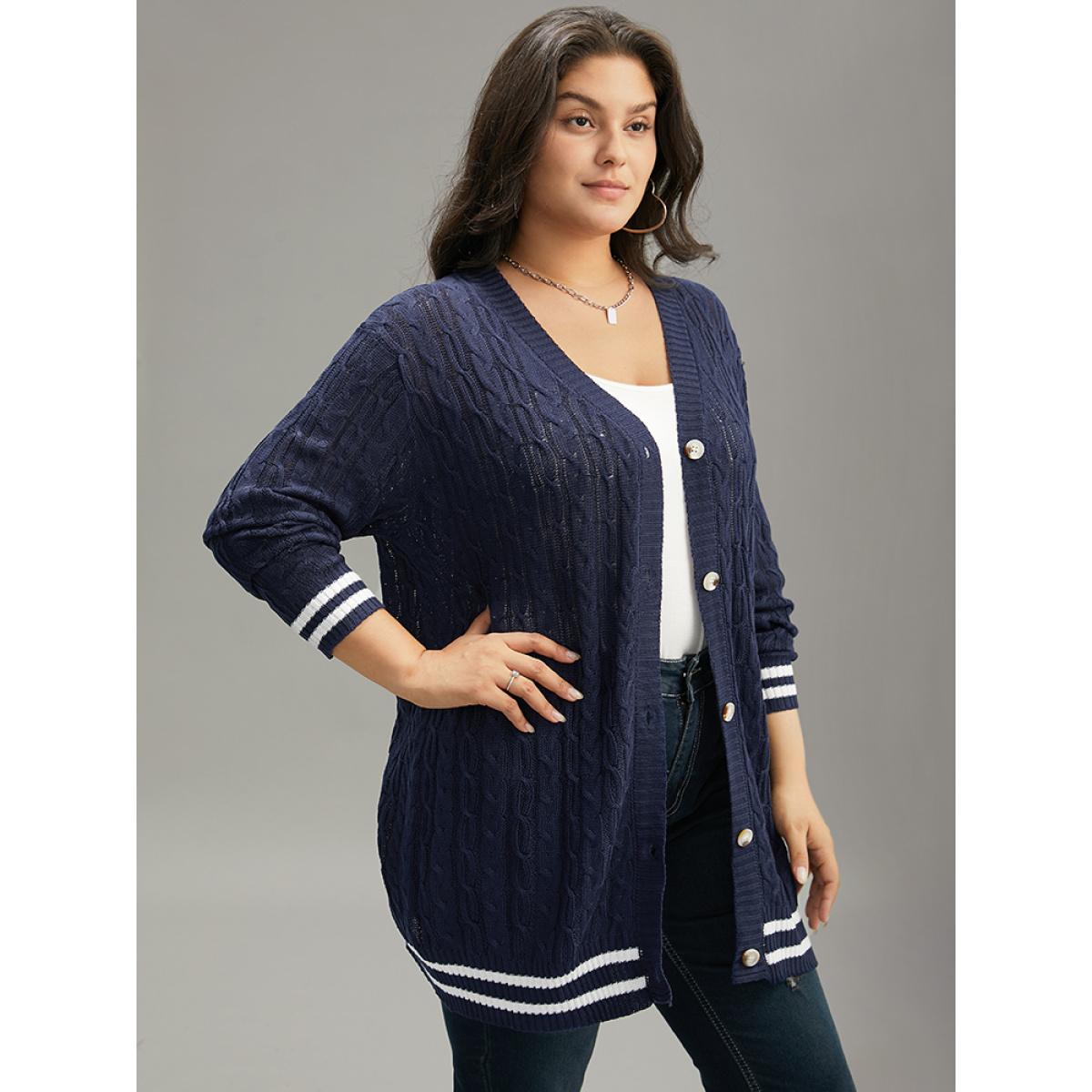Plus Size Cable Knit Striped Patchwork Button Through Cardigan Indigo Women Casual Loose Long Sleeve Dailywear Cardigans BloomChic 30/6X Product Image