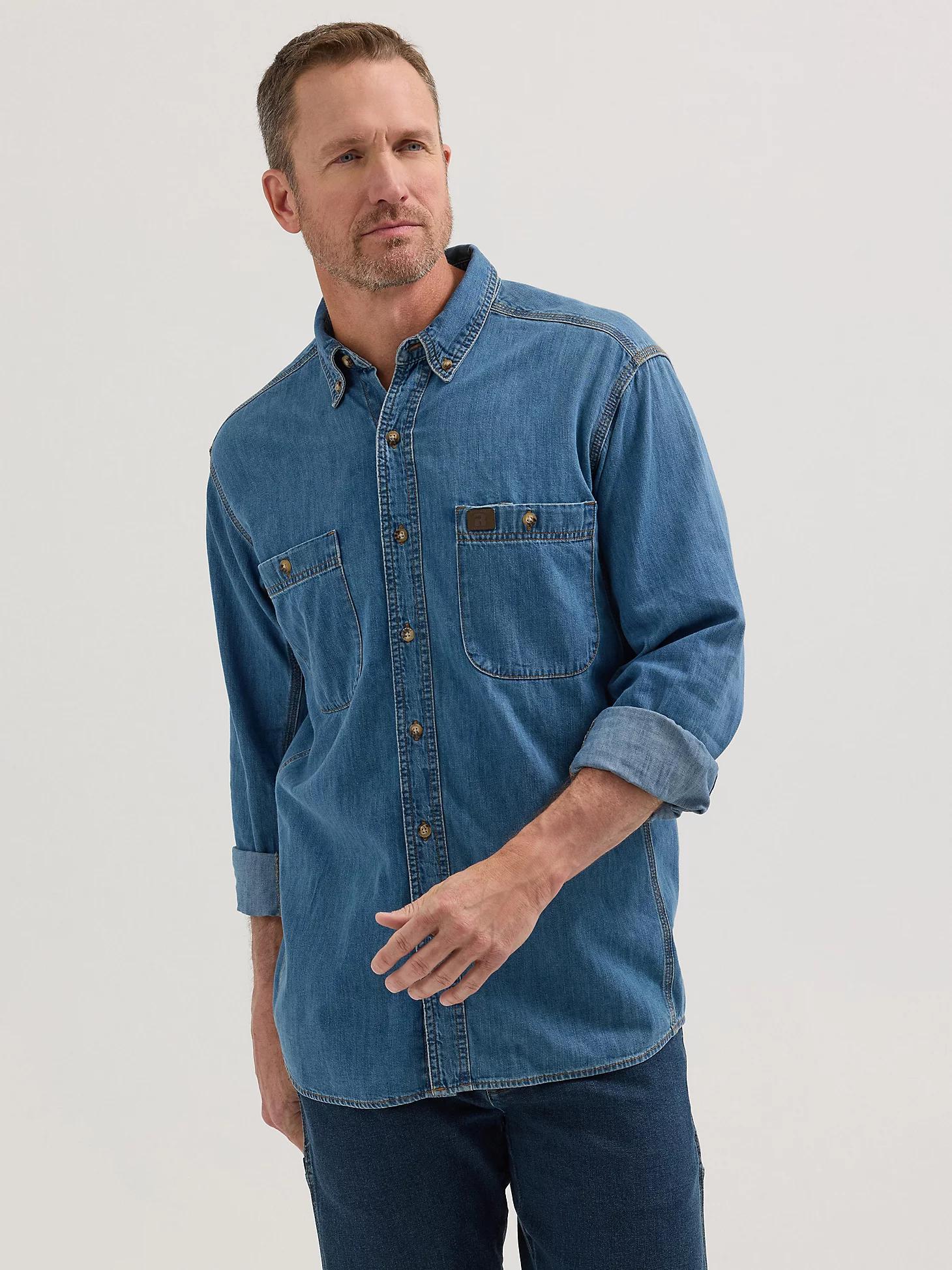 Wrangler® RIGGS Workwear® Long Sleeve Button Down Solid Denim Work Shirt | Men's SHIRTS | Wrangler® Product Image