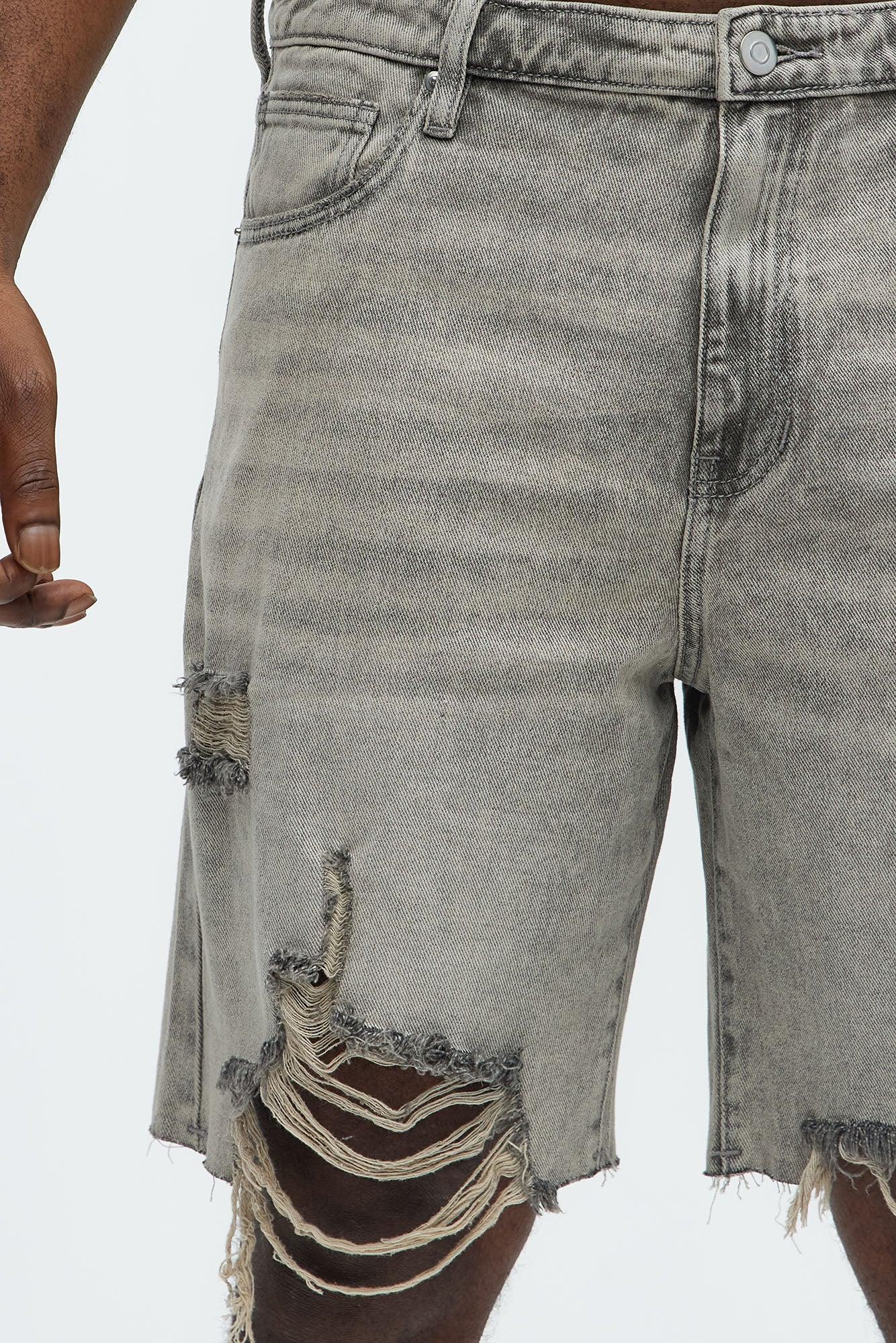 Relaxed Raw Hem Distressed Denim Shorts - Grey/Smoke Product Image