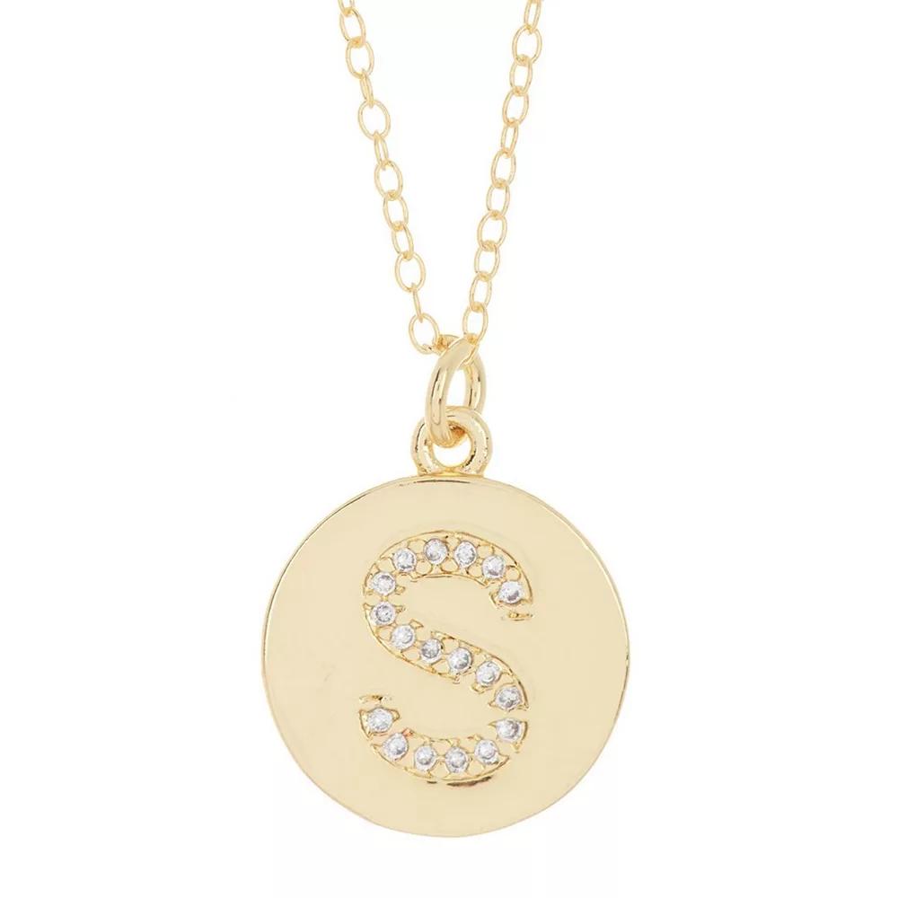 Adornia 14k Gold Plated Cubic Zirconia Engraved Letter Disc Pendant Necklace, Womens Gold Tone N Product Image