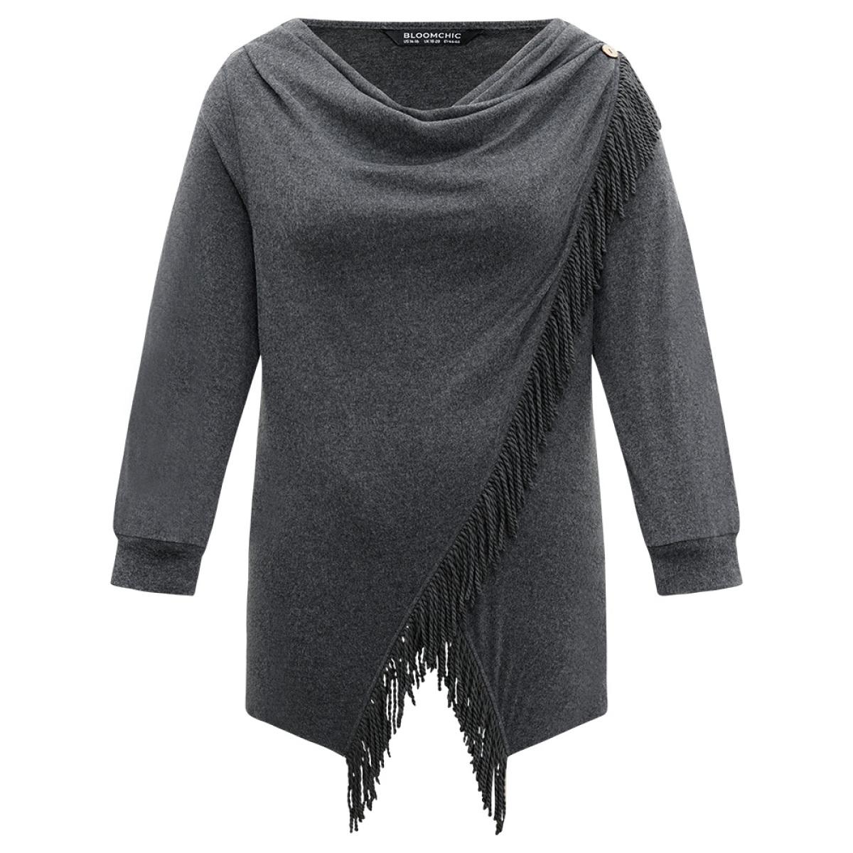 Plus Size Cowl Neck Tassels Button Detail Wrap Sweatshirt Women DimGray Elegant Wrap Cowl Neck Everyday Sweatshirts BloomChic 14-16/1X Product Image