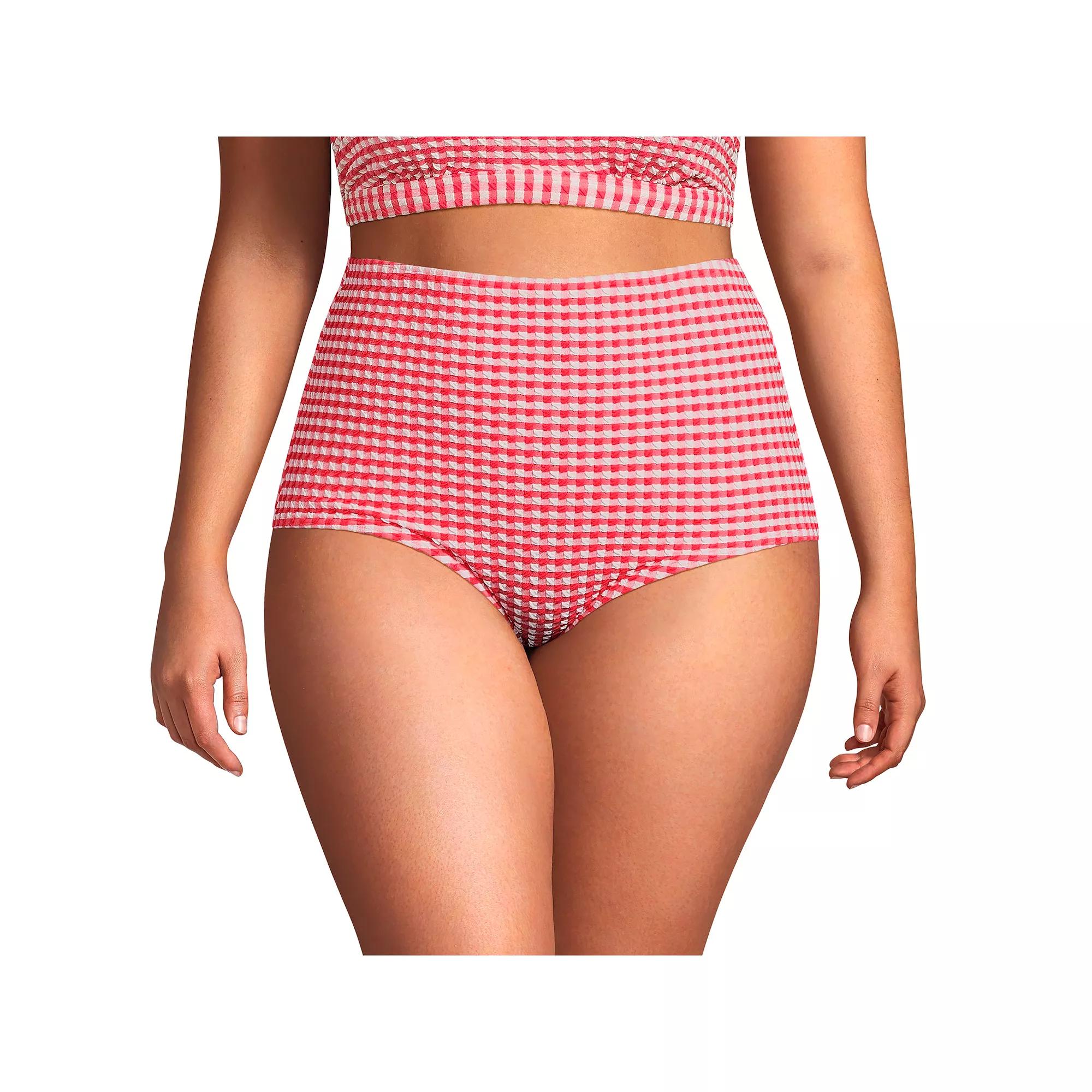 Plus Size Lands' End Tummy Control Gingham Tugless High Waisted Bikini Bottoms, Women's, Size: 1XL, Pink White Gingham Product Image