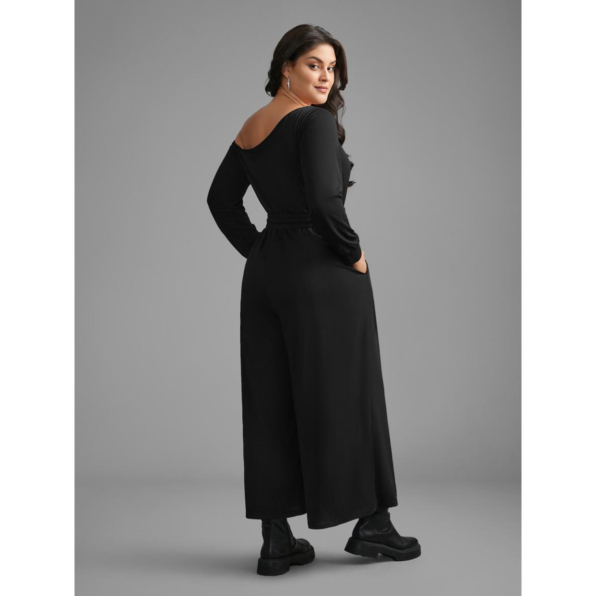 Plus Size Black Textured Sheer Hollow Sleeves Jumpsuit Women Casual Long Sleeve Asymmetrical Neck Everyday Loose Jumpsuits BloomChic 28/5X Product Image