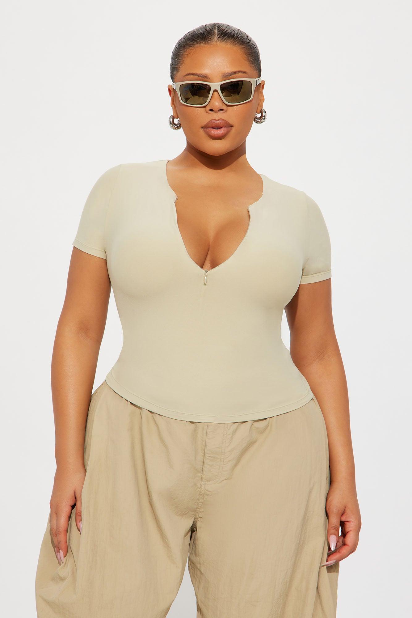 Second Skin Double Lined Zip Front Short Sleeve Top - Stone Female Product Image