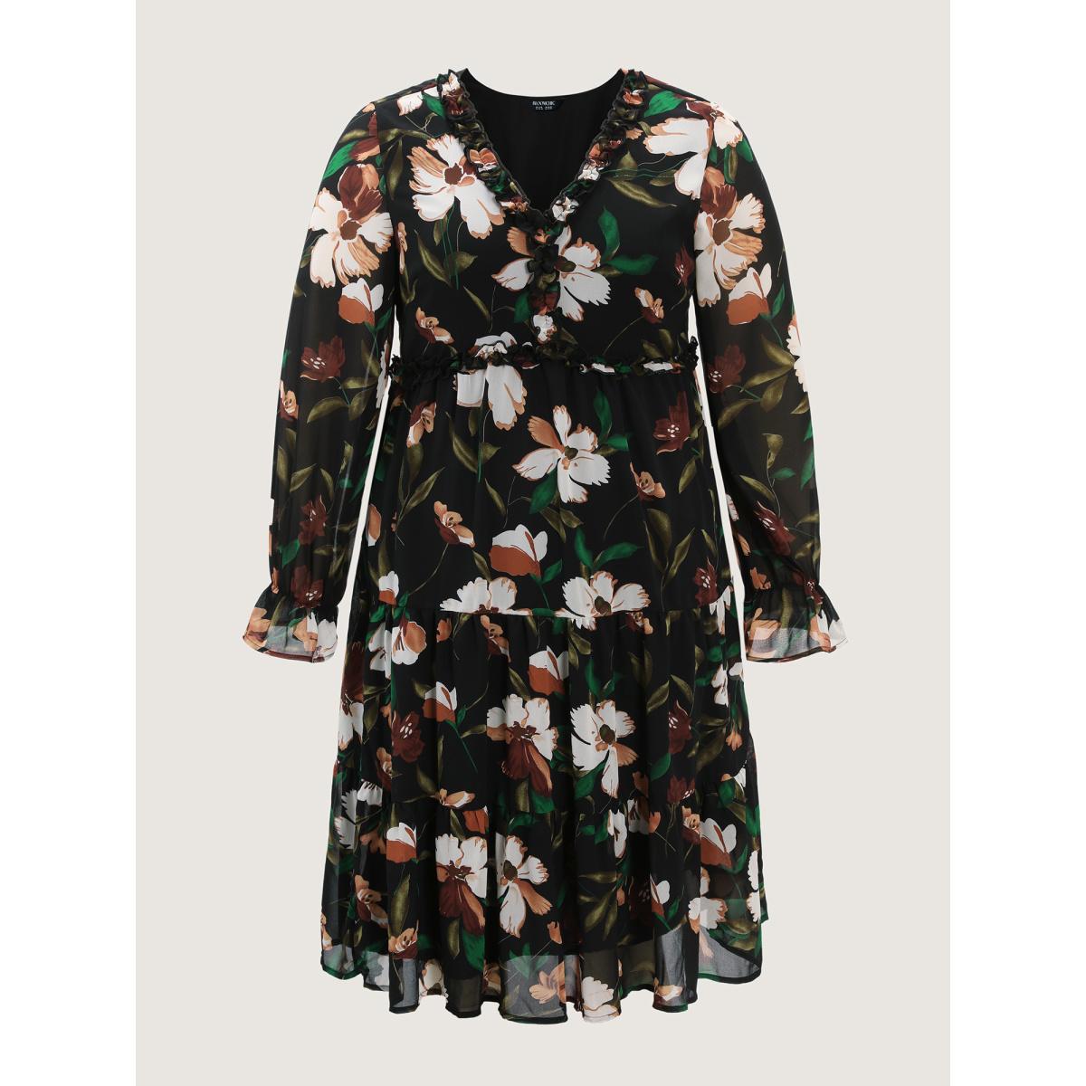 Plus Size Tropical Floral Print Ruffled Neckline Midi Dress Black Women Romantic Contrast V-neck Extra Long Sleeve Curvy BloomChic 18-20/2X Product Image
