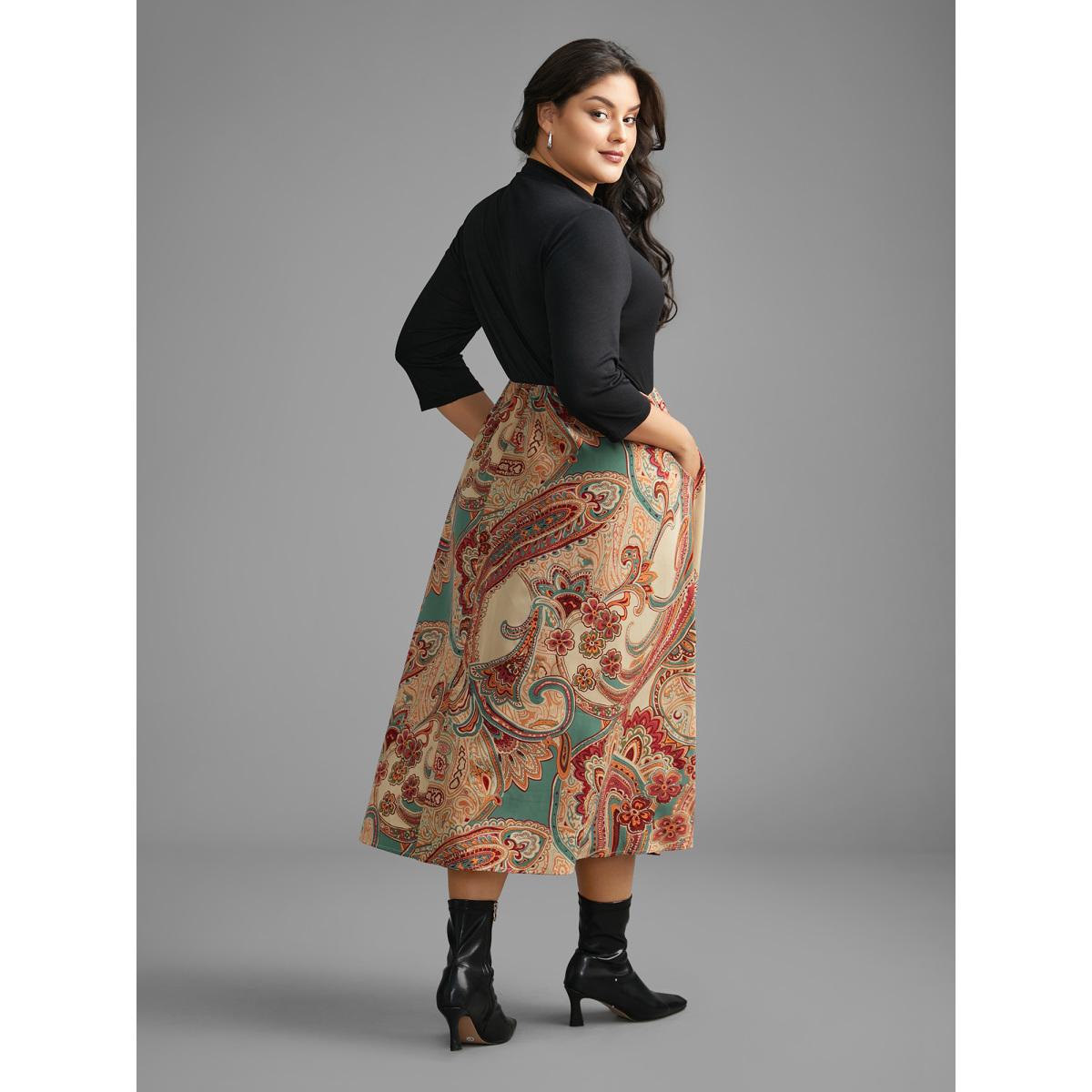Plus Size Bandana Print Patchwork Elastic Waist Dress Black Women Resort Patchwork Mock Neck Elbow-length sleeve Curvy BloomChic 30/6X Product Image
