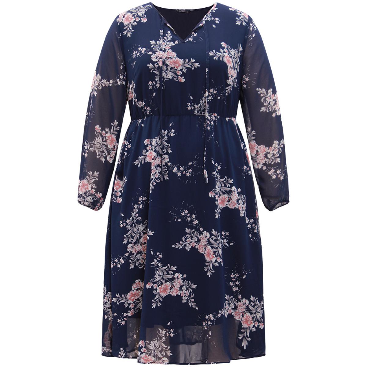 Plus Size Floral Print Knot Neck Pocket Dress DarkBlue Women Elegant See through Tie Neck Long Sleeve Curvy Midi Dress BloomChic 14-16/1X Product Image