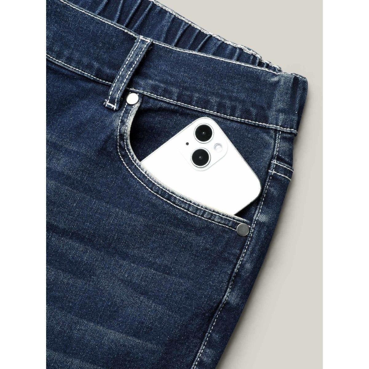 Plus Size Whiskered Stretchy Waist Bootcut Jeans Women Darkindigo Elegant Button Medium stretch Slanted pocket Jeans BloomChic 20/2X Product Image