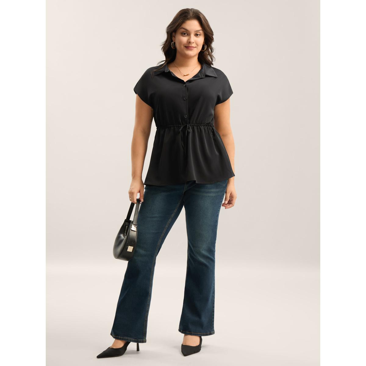 Plus Size Black Solid Drawstring Waist Blouse Women Cap Sleeve Shirt collar Work Blouses BloomChic 30/6X Product Image