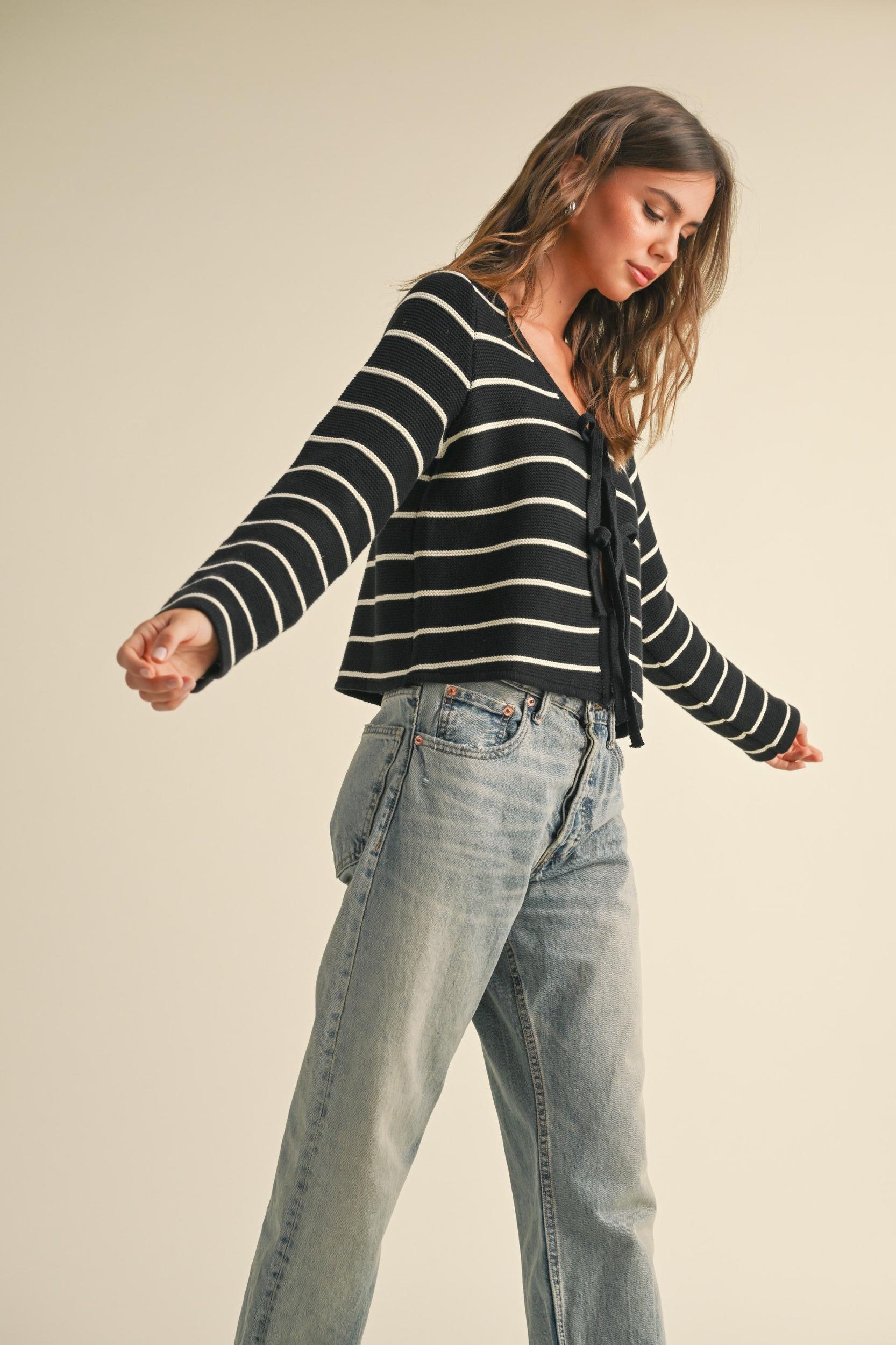 Striped Tie Front Knit Cardigan Product Image