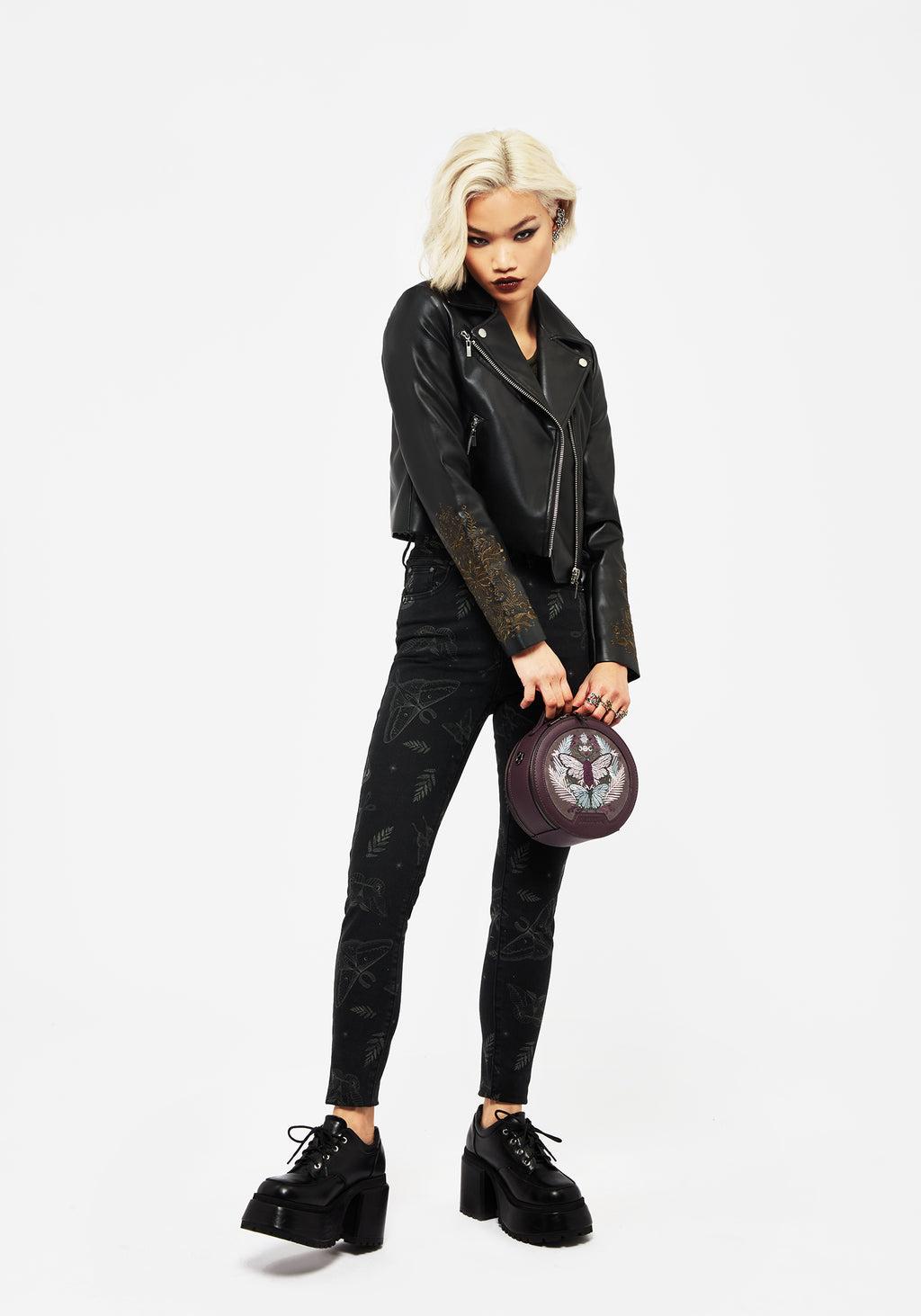 Callopistria Moth Print Denim Skinny Jeans Product Image