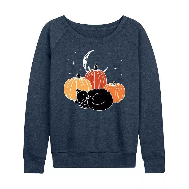 Women's Black Cat Pumpkin Nap French Terry Long Sleeve Tee,  Product Image
